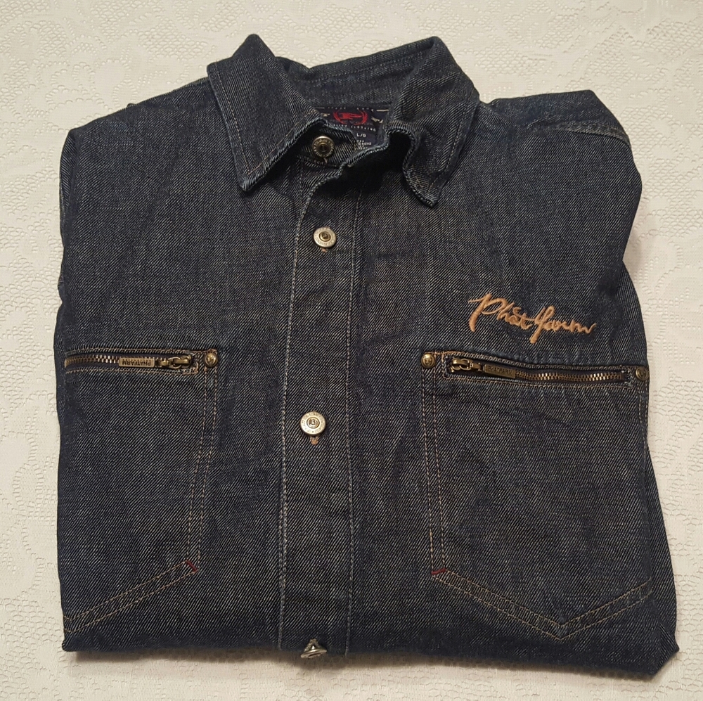 PHAT FARM DARK BLUE DENIM SHIRT LIGHTWEIGHT JACKET - Picture 2 of 7